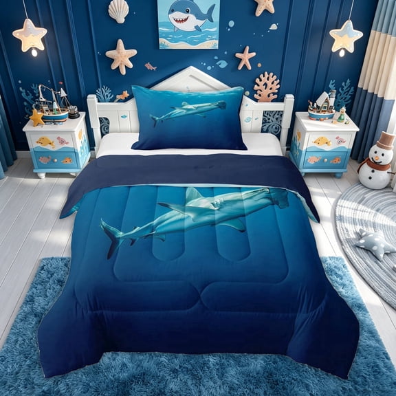 meiyoeat Deep Sea Shark Twin Comforter Sets for Kids Boys Girls, Cartoon Ocean Animal Bedding Set, Blue, Blue Reversible, 2 Pieces, 1 Comforter and 1 Pillowcase