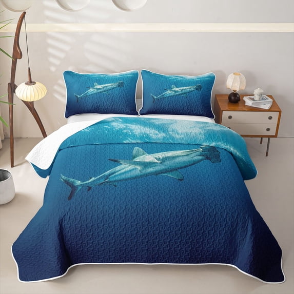 meiyoeat Deep Sea Shark Twin Quilt Set for Boys Girls, Cartoon Ocean Animal Twin Coverlet Set, Blue, 2 Pieces