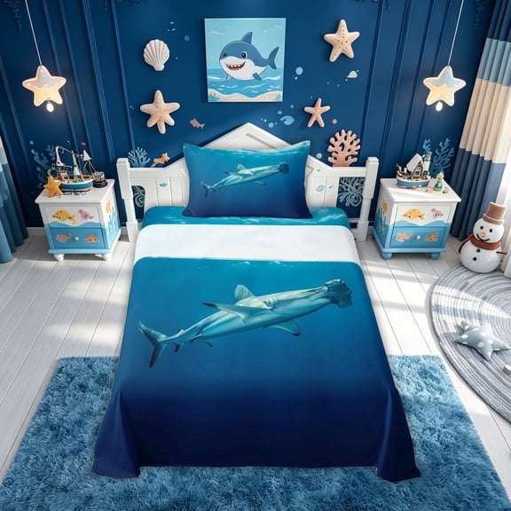 meiyoeat Deep Sea Shark Twin Sheets, Cartoon Ocean Animal Bedding, Blue, Blue Reversible, 1 Flat Sheet, 1 Fitted Sheet and 1 Pillowcase