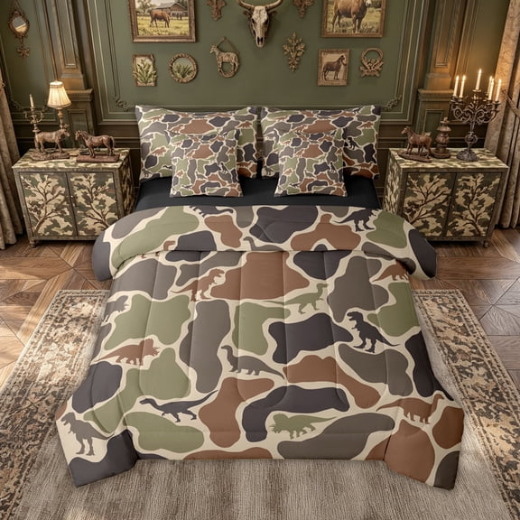meiyoeat Dino Camo Twin Bedding for Boys, Dinosaur Print Bedding Comforter Set for Kids, Green, Black Reversible, 7 Pieces