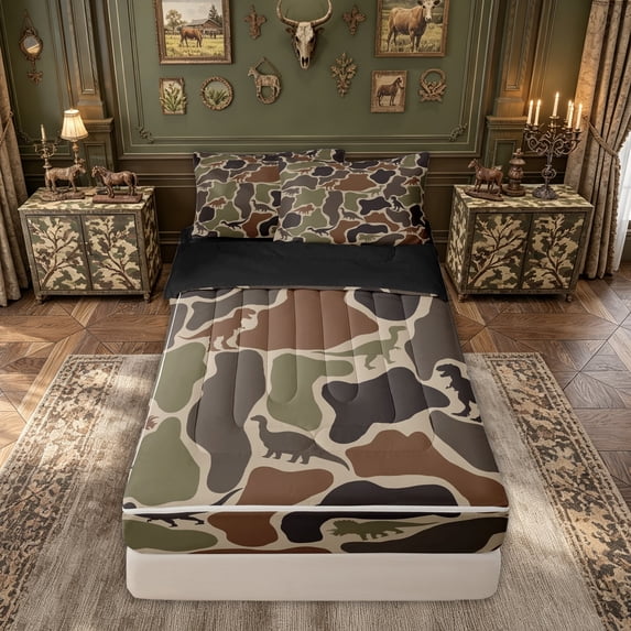 meiyoeat Dino Camo Zipper Comforter Set with Fitted Sheet and 2 Pillowcases for Boys, Dinosaur Print Zipper Bedding Set for Kids, Green, Black Reversible, 3 Pieces