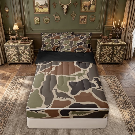 meiyoeat Dino Camo Zipper Comforter Set with Fitted Sheet and 2 Pillowcases for Boys, Dinosaur Print Zipper Bedding Set for Kids, Green, Black Reversible, 3 Pieces