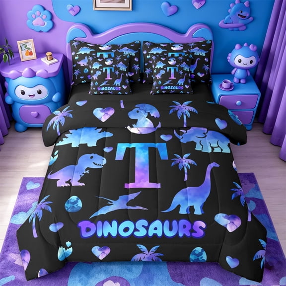 meiyoeat Dino Themed Monogram T 7-Piece Twin Bedding For Boys,Tropical Botanical Coconut Tree Bedding Comforter Set,Black Reversible
