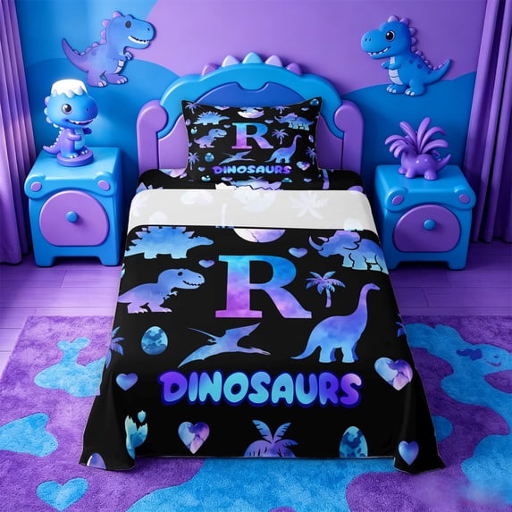 meiyoeat Dino Watercolor Monogram R Twin Sheets For Boys,Dino Themed Initial Bedding,3pcs,1 Fitted Sheet and 1 Pillowcase