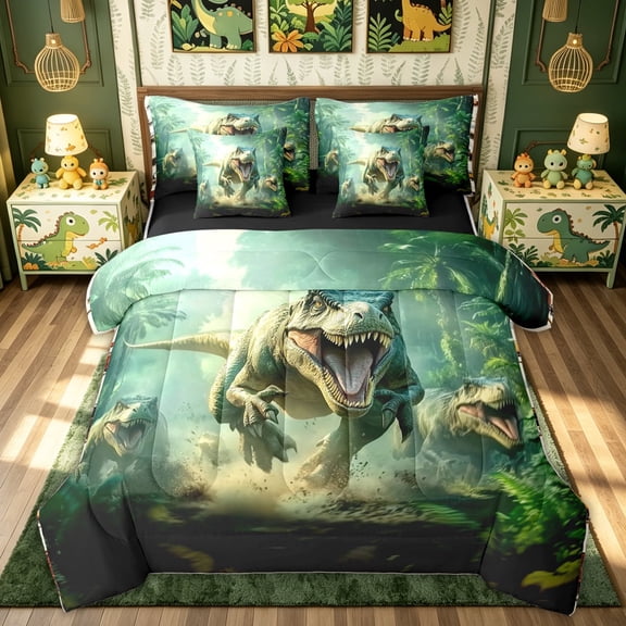 meiyoeat Dinosaur Animals Twin Bedding for Kids Boys, Jungle Scene Bedding Comforter Set for Bedroom, Green, Black Reversible, 7 Pieces