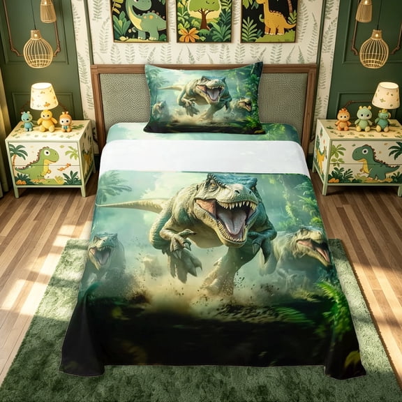meiyoeat Dinosaur Animals Twin Sheets for Kids Boys, Jungle Scene Bedding for Bedroom, Green, 3 Pieces