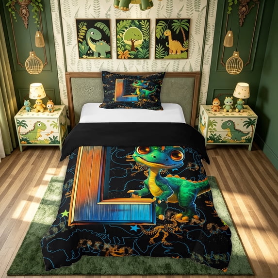 meiyoeat Dinosaur L Initial Twin Duvet Cover, Cartoon Animals Twin Bedding for Boys Girls, Black Reversible, 2 Pieces, 1 Duvet Cover and 1 Pillowcase