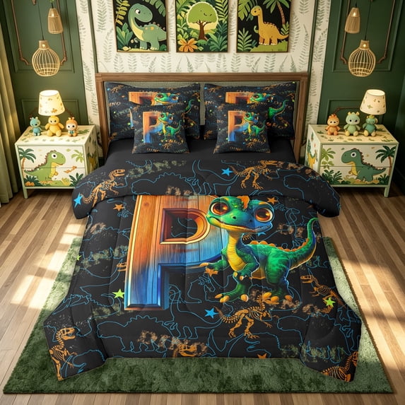 meiyoeat Dinosaur P Initial Full Size Bedding Sets, Cartoon Animals Full Size Bed in a Bag for Boys Girls, Black Reversible, 7-Piece