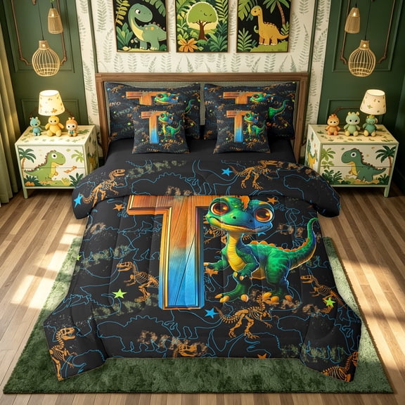 meiyoeat Dinosaur T Initial Twin Bedding, Cartoon Animals Bedding Comforter Set for Boys Girls, Black Reversible, 7-Piece