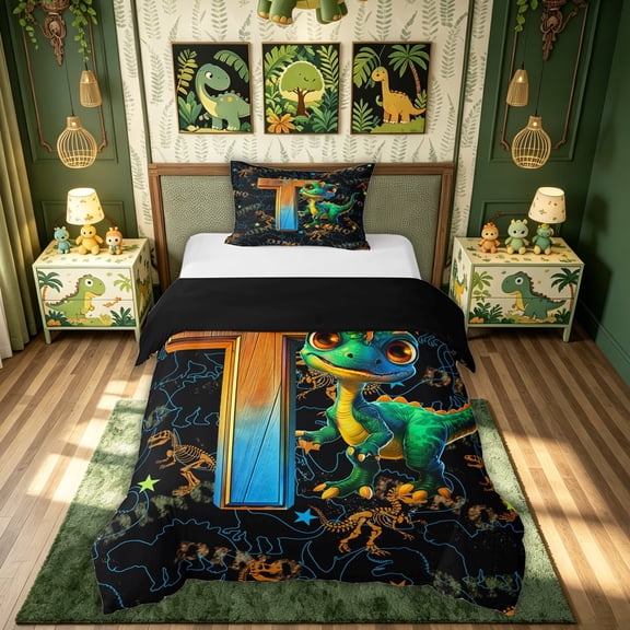 meiyoeat Dinosaur T Initial Twin Duvet Cover, Cartoon Animals Twin Bedding for Boys Girls, Black Reversible, 2-Piece, 1 Duvet Cover and 1 Pillowcase