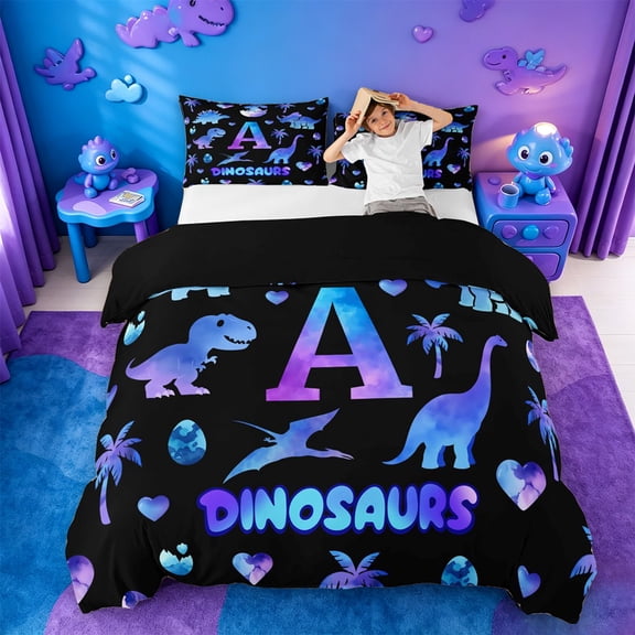 meiyoeat Dinosaur Watercolor Monogram A Bedding For Boys,Wild Animal Themed Duvet Cover Full,Black Reversible,3pcs,1 Duvet Cover and 2 Pillowcases