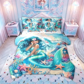 meiyoeat Dreamy Black Mermaid Coral Full Size Bedding Sets for Girls, Sun Wave Starfish Shell Marine Full Size Bed in a Bag, Blue, Colorful Star Reversible, 7 Pieces