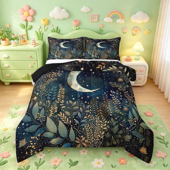 meiyoeat Dreamy Celestial Full Size Comforter Sets For Girls,Night Print Bedding Comforter Set,Multicolor Navy,Black Reversible,3 Pieces,1 Comforter and 2 Pillowcases