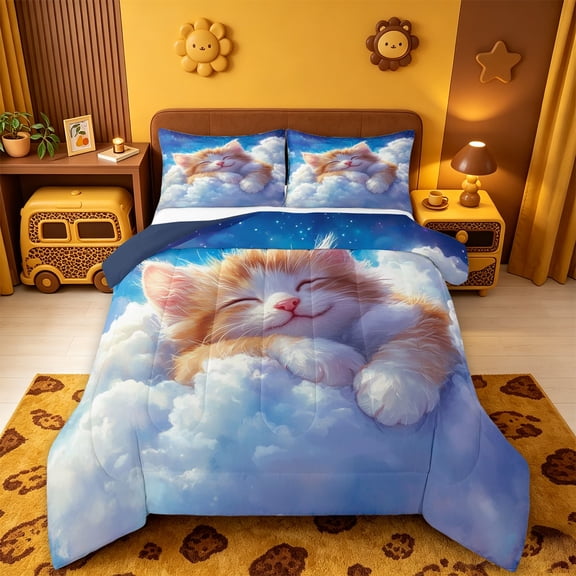 meiyoeat Dreamy Cloud Kitten Full Size Comforter Sets,Orange Cat Print Bedding Comforter Set For Girl,Reversible,3 Pieces,1 Comforter and 2 Pillowcases