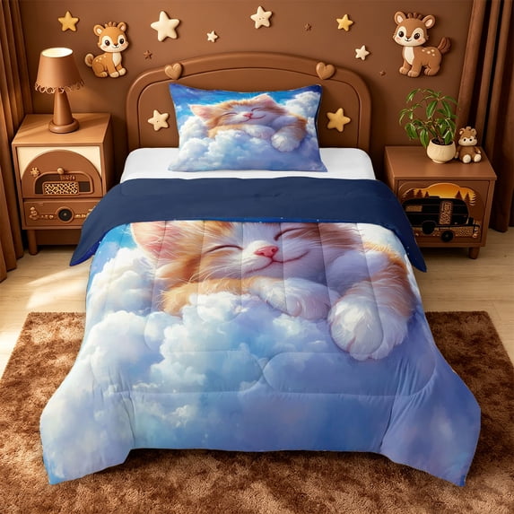 meiyoeat Dreamy Cloud Kitten Twin Comforter Sets,Orange Cat Print Bedding Set For Girl,Reversible,2-Piece,1 Comforter and 1 Pillowcase