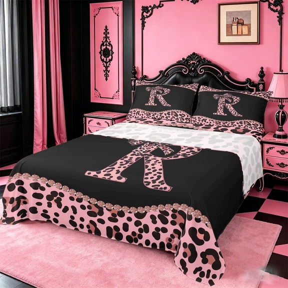 meiyoeat Dreamy Princess Bowknot Full Size Sheets For Girls,Cheetah Pattern Monogrammed R Print Bed Sheets For Kids,4-Piece