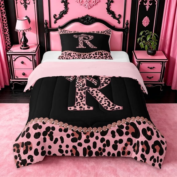 meiyoeat Dreamy Princess Bowknot Twin Comforter Sets For Girls,Cheetah Pattern Monogrammed R Print Bedding Set For Kids,pink Reversible,2pcs