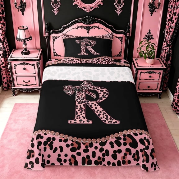 meiyoeat Dreamy Princess Bowknot Twin Sheet Sets For Girls,Cheetah Pattern Monogrammed R Print Bedding For Kids,3pcs