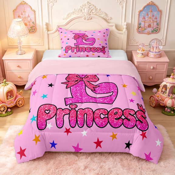 meiyoeat Dreamy Princess L Letter Twin Comforter Sets for Girls, Kawaii Cartoon Stars Bow Bedding Set, Pink Reversible, 2-Piece, 1 Comforter and 1 Pillowcase