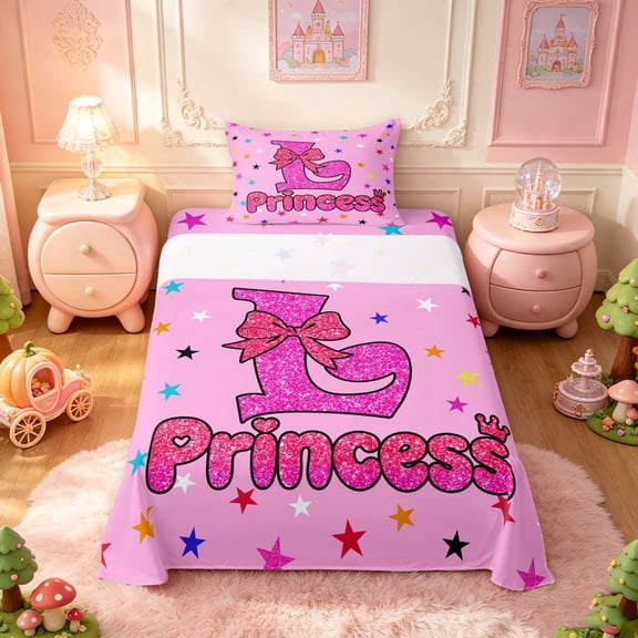 meiyoeat Dreamy Princess L Letter Twin Sheets for Girls, Kawaii Cartoon Stars Bow Bedding, 3-Piece, 1 Flat Sheet, 1 Fitted Sheet and 1 Pillowcase
