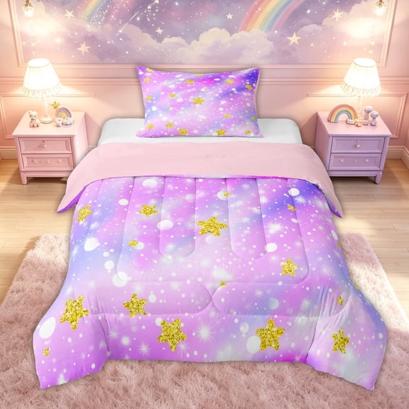 meiyoeat Dreamy Star Twin Comforter Sets for Kids Girls, Purple Galaxy Rainbow Bedding Set for Bedroom, Pink Reversible, 2pcs