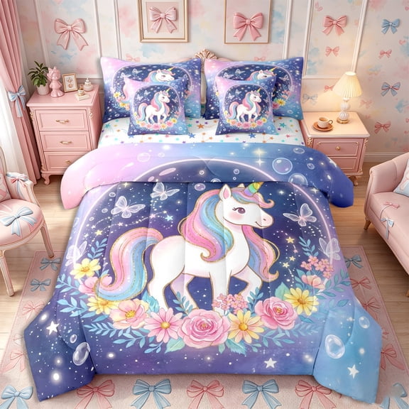 meiyoeat Dreamy Unicorn 7-Piece Twin Bedding,Starry Sky Butterfly Flower Bedding Comforter Set,Reversible