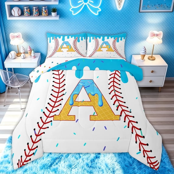 meiyoeat Drip Ice Cream Letter A Full Size Comforter Sets for Kids Girls, Sprinkle Baseball Print Bedding Comforter Set, Blue Yellow, Polkadot Reversible, 3-Piece, 1 Comforter and 2 Pillowcases