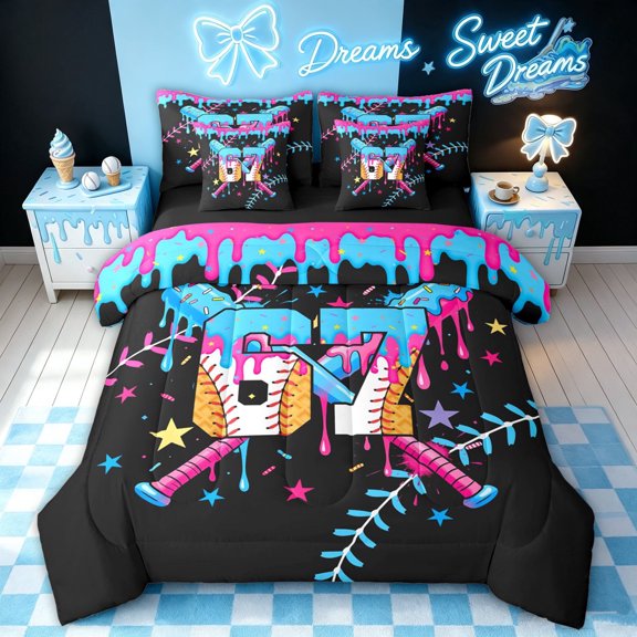 meiyoeat Dripping 67 Baseball Ice Cream Twin Bedding for Boys, Crossed Bat Stars Sport Bedding Comforter Set, Black Reversible, 7-Piece