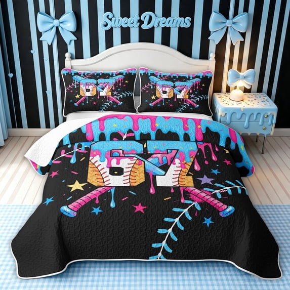 meiyoeat Dripping 67 Baseball Ice Cream Twin Quilt Set for Boys, Crossed Bat Stars Sport Twin Coverlet Set, 2-Piece, 1 Comforter and 1 Pillowcase