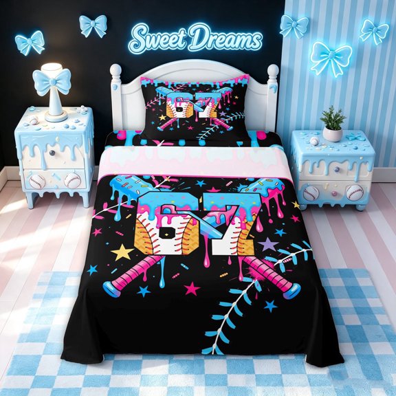 meiyoeat Dripping 67 Baseball Ice Cream Twin Sheets for Boys, Crossed Bat Stars Sport Bedding, 3-Piece, 1 Flat Sheet, 1 Fitted Sheet and 1 Pillowcase