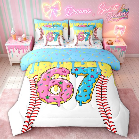 meiyoeat Dripping 67 Digital Print Twin Bedding for Girls, Donut Sprinkle Baseball Bedding Comforter Set, Star Reversible, 7 Pieces