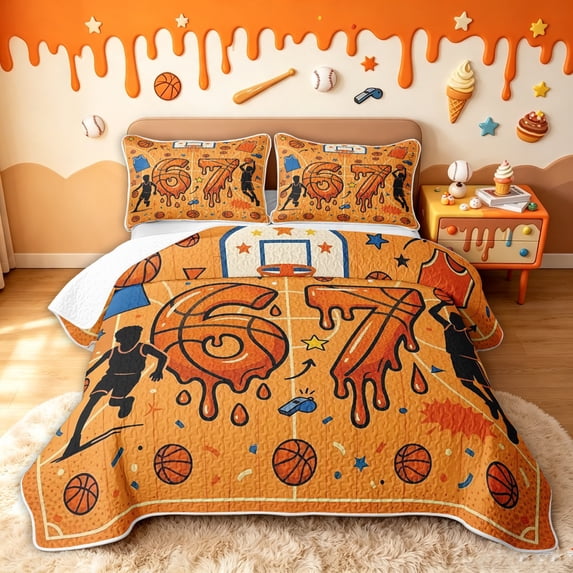 meiyoeat Dripping Basketball Quilt King for Boys, Orange Number 67 King Coverlet Set, 3-Piece, 1 Comforter and 2 Pillowcases