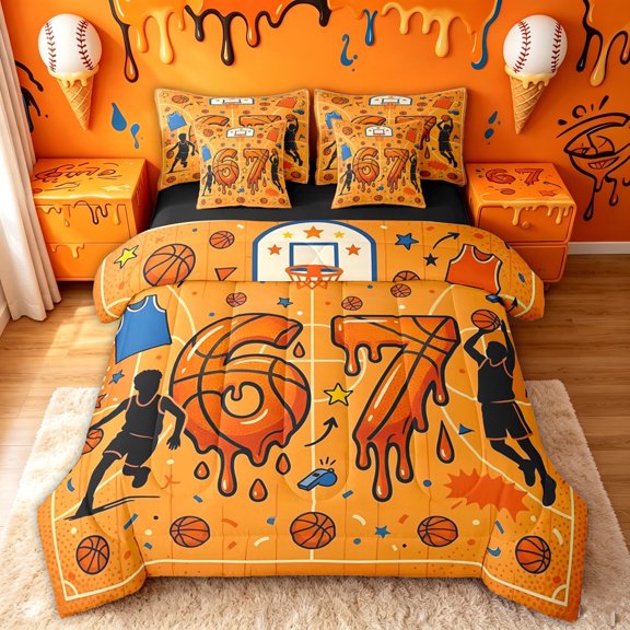 meiyoeat Dripping Basketball Twin Bedding for Boys, Orange Number 67 Bedding Comforter Set, Black Reversible, 7-Piece