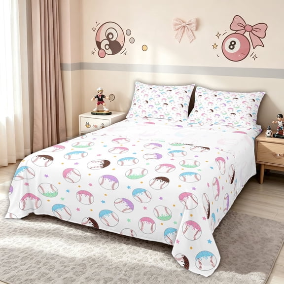 meiyoeat Dripping Ice Cream Baseball Bed Sheets for Girls, Kawaii Sprinkle Candy Ball Full Size Sheets, 4-Piece, 1 Flat Sheet, 1 Fitted Sheet and 2 Pillowcases