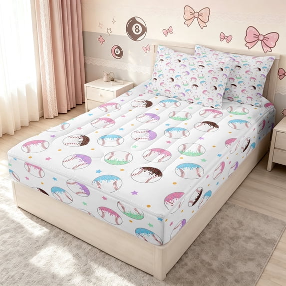 meiyoeat Dripping Ice Cream Baseball Zipper Twin Comforter Sets with Fitted Sheet and 2 Pillowcases for Girls, Kawaii Sprinkle Candy Ball Zipper Bedding Set, Star Reversible, 4-Piece