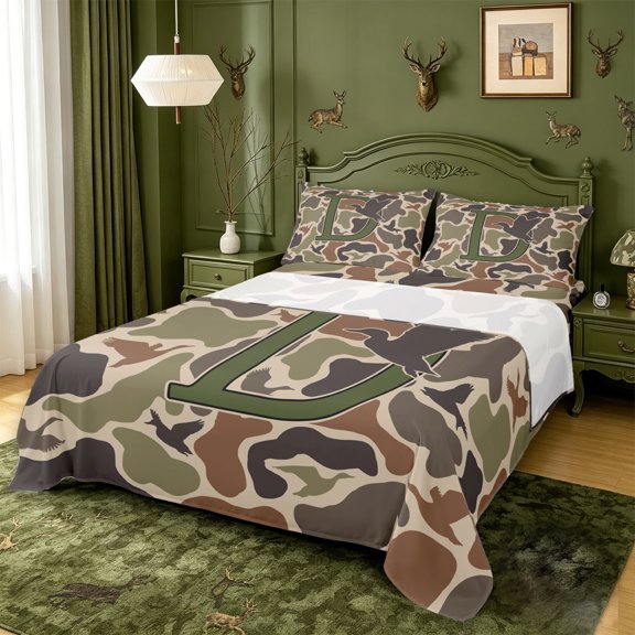 meiyoeat Duck Pattern Monogrammed D Queen Sheets For Boys,Camouflage Hunting Initial Print Queen Sheet Sets,4Pcs,1 Flat Sheet,1 Fitted Sheet And 2 Pillowcases