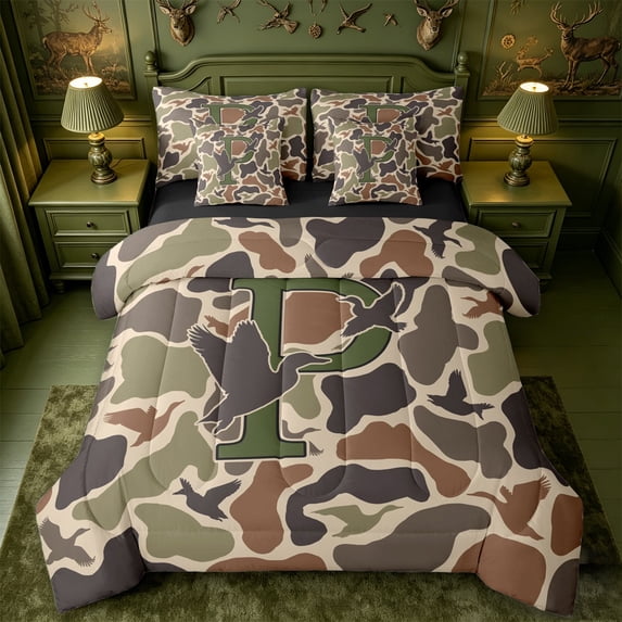 meiyoeat Duck Pattern Monogrammed P 7 Pieces Full Size Bedding Sets For Boys,Camo Hunting Initial Print Full Size Bed in a Bag,Black Reversible