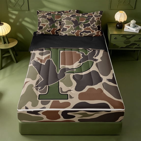 meiyoeat Duck Pattern Monogrammed P Zipper Twin Comforter Sets with Fitted Sheet and 2 Pillowcases For Boys,Camo Hunting Initial Print Zipper Bedding Set,Black Reversible,4 Pieces