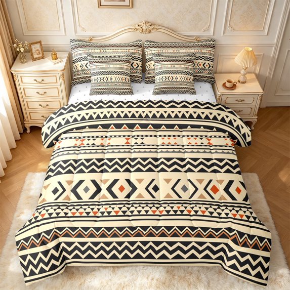 meiyoeat Earthy Aztec 7 Pieces Full Size Bedding Sets For Men Women,Rustic Tribal Full Size Bed in a Bag,Beige Black,Reversible