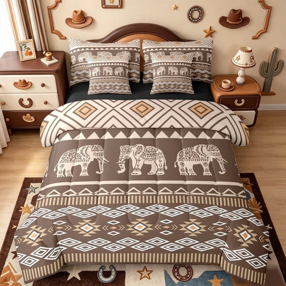 meiyoeat Earthy Elephant 7 Pieces Full Size Bedding Sets,Boho Pattern Full Size Bed in a Bag For Boys,Brown Beige,Black Reversible