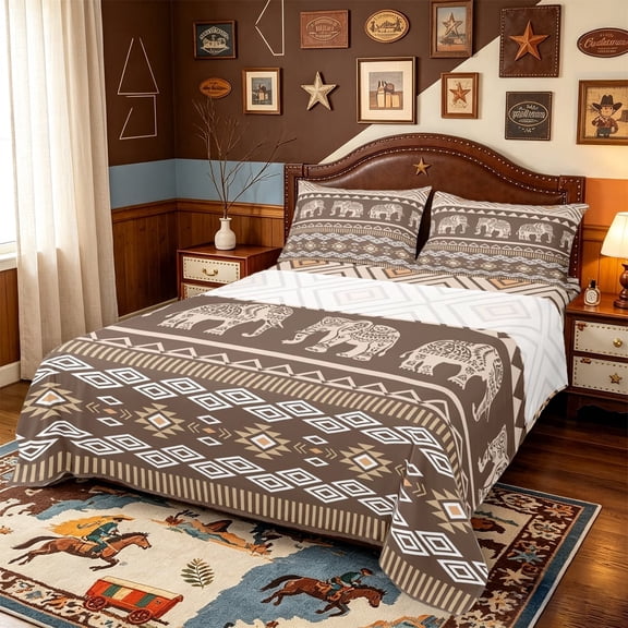 meiyoeat Earthy Elephant Bed Sheets,Boho Pattern Full Size Sheets For Boys,Brown Beige,4pcs1 Flat Sheet, 1 Fitted Sheet and 2 Pillowcases