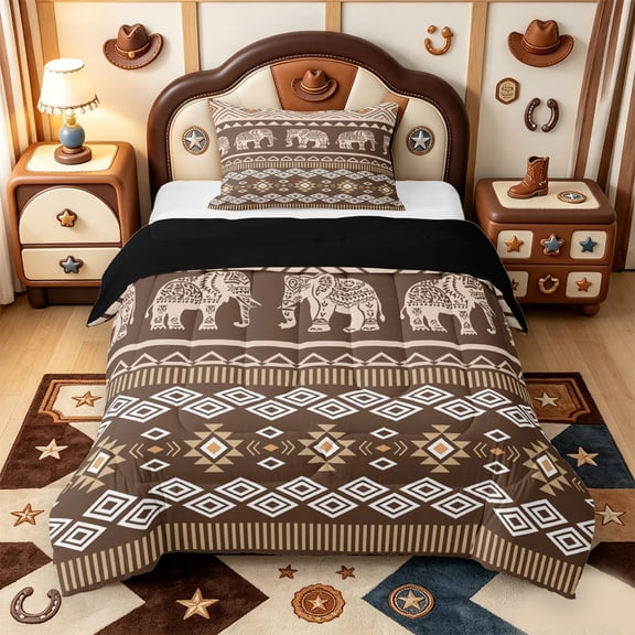 meiyoeat Earthy Elephant Twin Comforter Sets,Boho Pattern Bedding Set For Boys,Brown Beige,Black Reversible,2 Pieces,1 Comforter and 1 Pillowcase