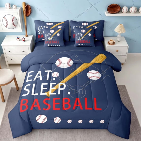 meiyoeat Eat Sleep Baseball Twin Bedding Setsfor Boys Teens, Sport Baseball Bedding Comforter Set, Navy Reversible 7pcs