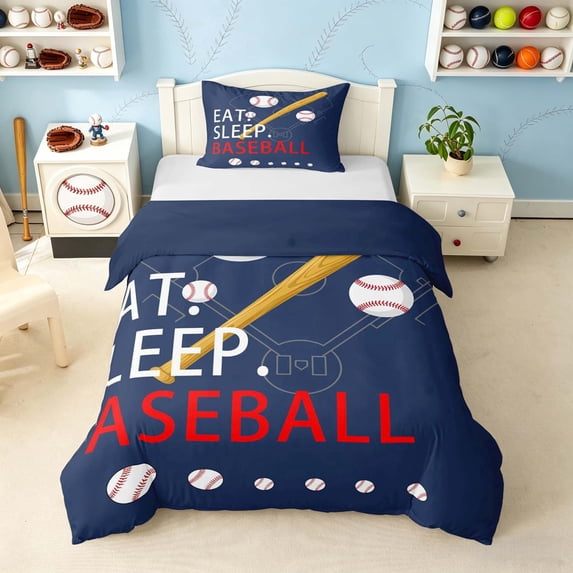 meiyoeat Eat Sleep Baseball Twin Beddingfor Boys Teens, Sport Baseball Duvet Cover Set, Navy Reversible 2pcs, 1 Duvet Cover and 1 Pillowcase