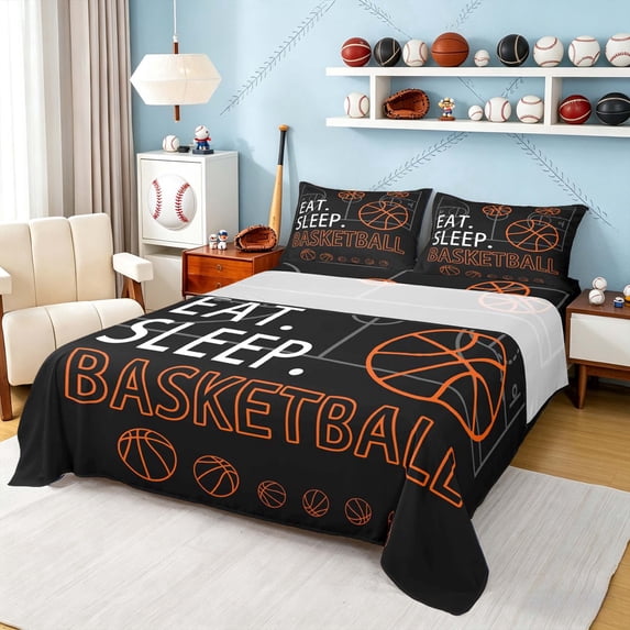 meiyoeat Eat Sleep Basketball Full Size Sheetsfor Boys Teens,Sport Basketball Bed Sheets, 4pcs, 1 Flat Sheet, 1 Fitted Sheet and 2 Pillowcases