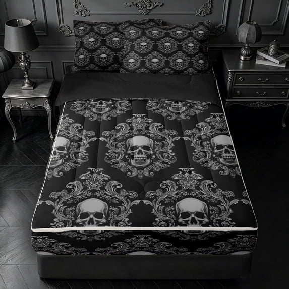 meiyoeat Edgy Skull Zipper Full Size Comforter Sets with Fitted Sheet and 2 Pillowcases,Intricate Damask Zipper Bedding Set For Adults,Gray Black,Black Reversible,4-Piece