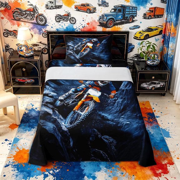 meiyoeat Extreme Motocross Twin Sheets 3pcs for Men,Rocky Terrain Bedding for Bedroom,Orange and Blue,1 Flat Sheet, 1 Fitted Sheet and 1 Pillowcase