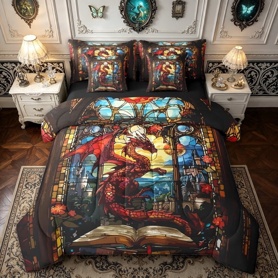 meiyoeat Fairy Dragon Full Size Bedding Sets for Girls Boys Girls, Castle Animal Full Size Bed in a Bag, Red Gold, Black Reversible, 7 Pieces