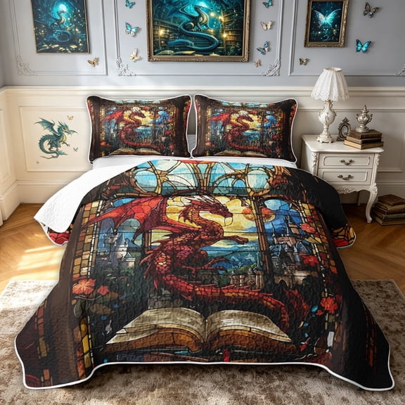 meiyoeat Fairy Dragon Quilt Full for Girls Boys Girls, Castle Animal Full Bedspread Sets, Red Gold, 3 Pieces, 1 Comforter and 2 Pillowcases