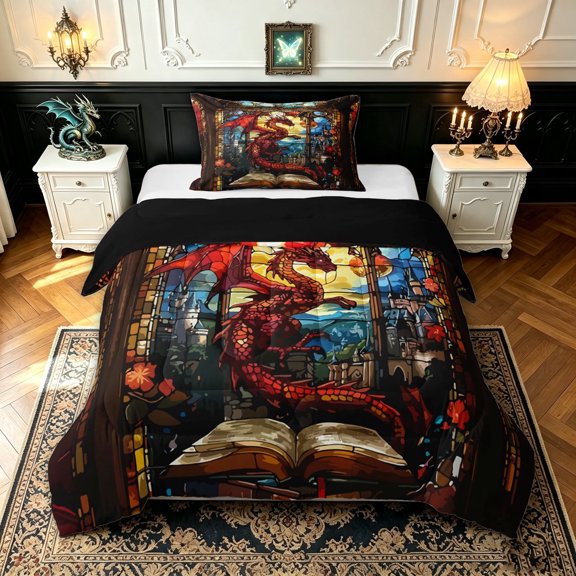 meiyoeat Fairy Dragon Twin Comforter Sets for Girls Boys Girls, Castle Animal Bedding Set, Red Gold, Black Reversible, 2 Pieces, 1 Comforter and 1 Pillowcase